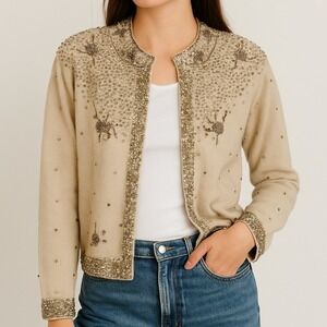 Vintage Beaded Cardigan Sweater MEDIUM Beige Grannycore Sequin Retro Holiday